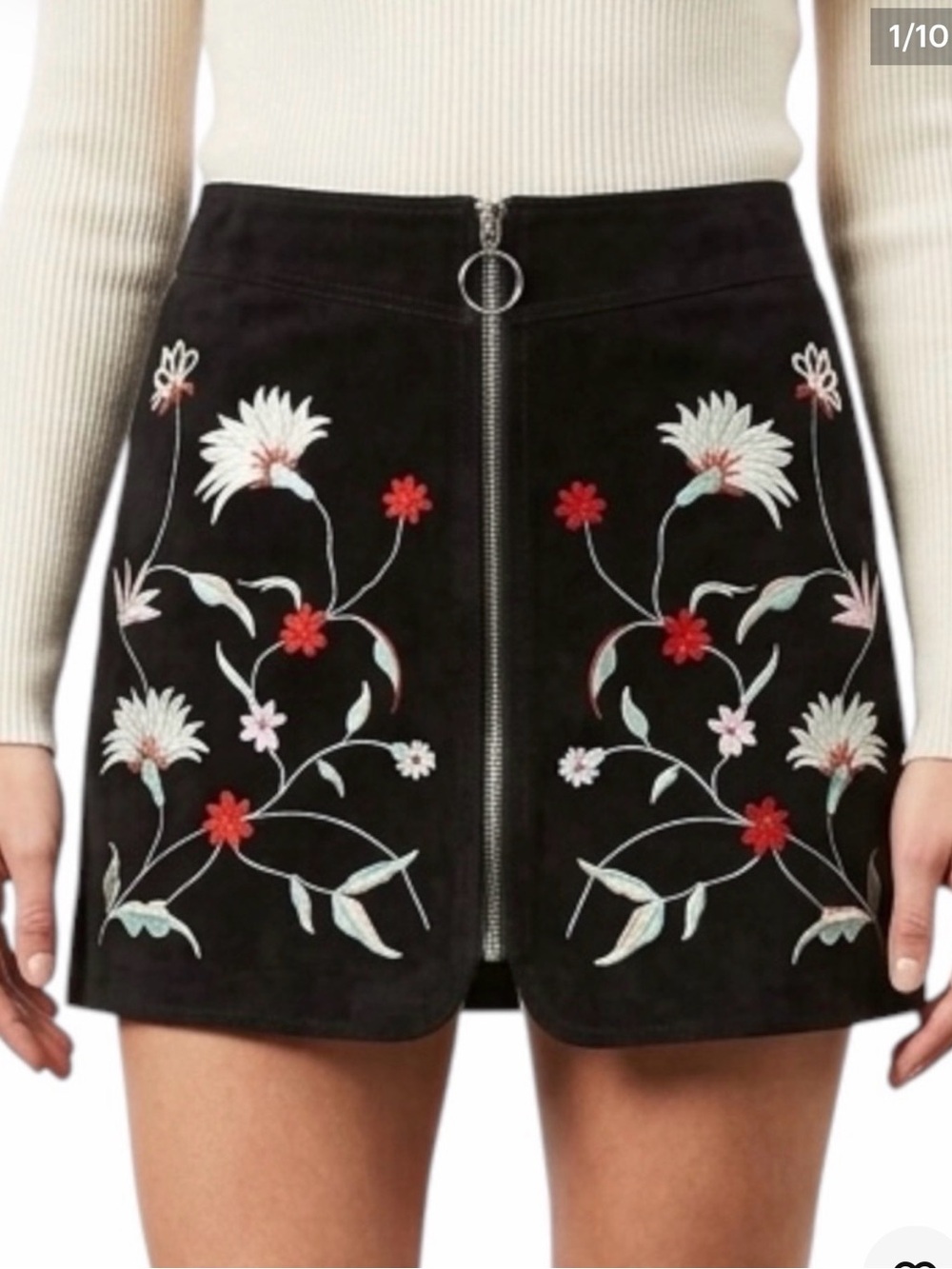 🔥ZARA Runway Boho/Black Floral Embroidered Zip-Front Suede Skirt 💥